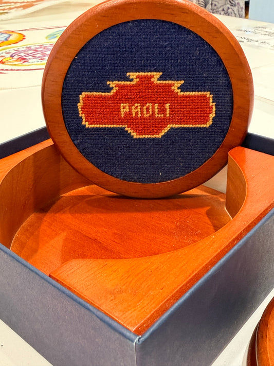 Main Line Coasters - Hand Stitched Needlepoint - Set of 4 with Holder